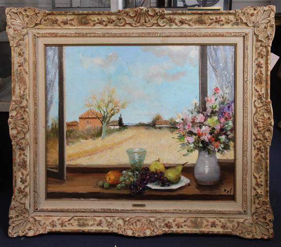 § Marcel Dyf (1899-1985) Fruit and flowers on a window sill, a farm landscape beyond 23.75 x 29in.